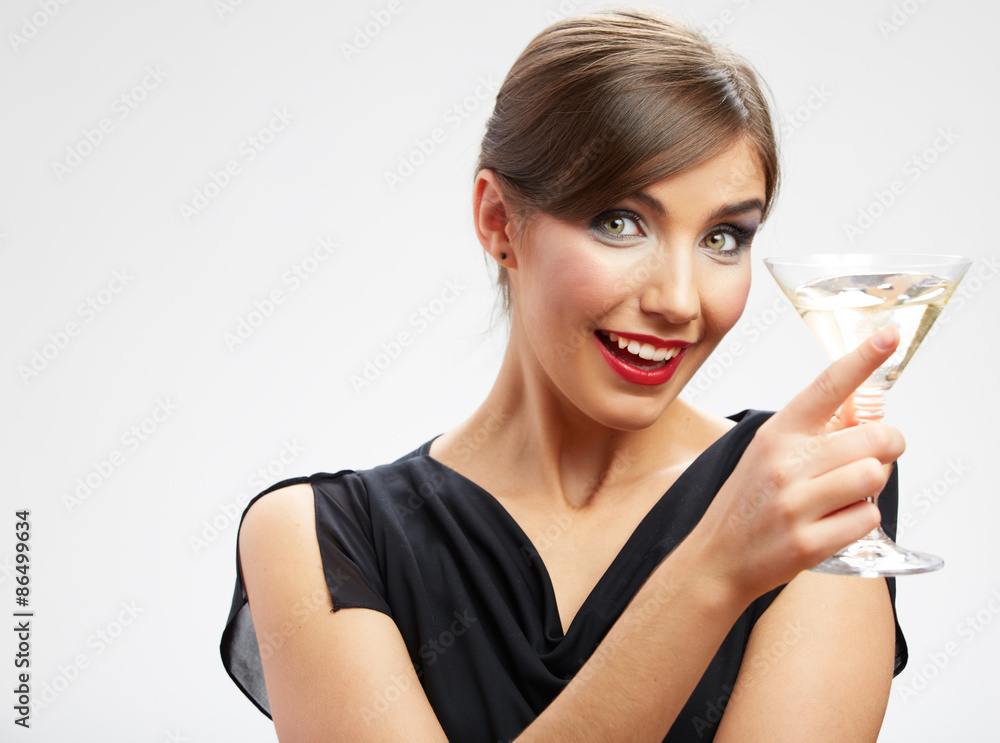 Portrait of smiling woman holding glass with drink. Portrait of smiling woman holding glass with drink.