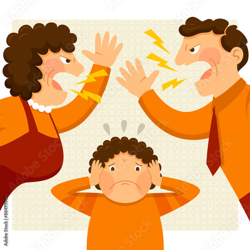 man and woman arguing loudly next to a nervous boy