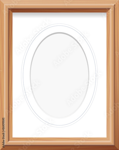 Wooden picture frame with upright oval mat and blue french lines. Vector illustration.