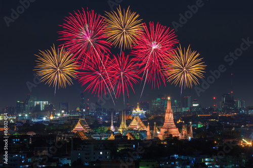 Wat Arun and Bangkok City with Colorful Fireworks, Thailand
