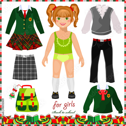 Paper doll with a set of clothes for school