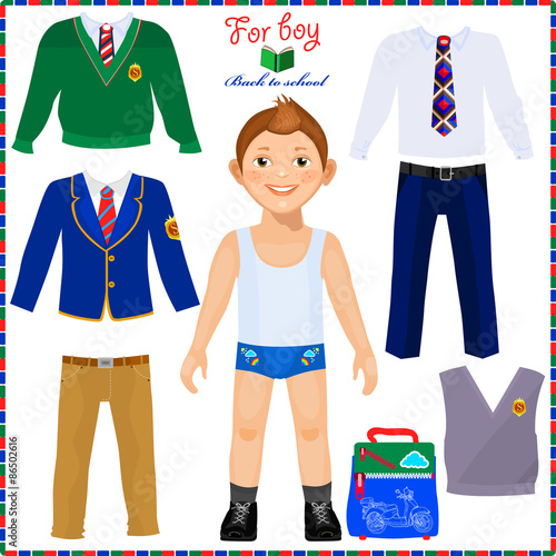 Paper doll with a set of clothes. Cute boy student. Template for