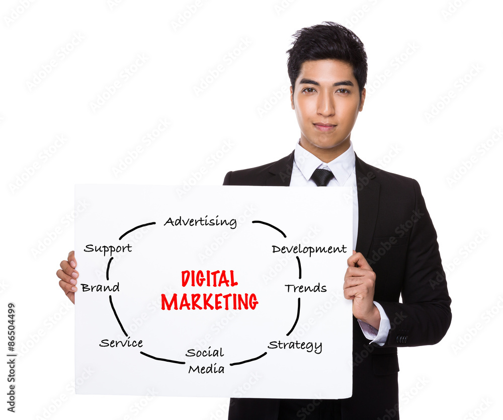 Confident businessman holding a poster showing with digital mark Confident businessman holding a poster showing with digital mark