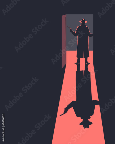 Armed man standing in a doorway. Silhouette. Retro style illustration.
