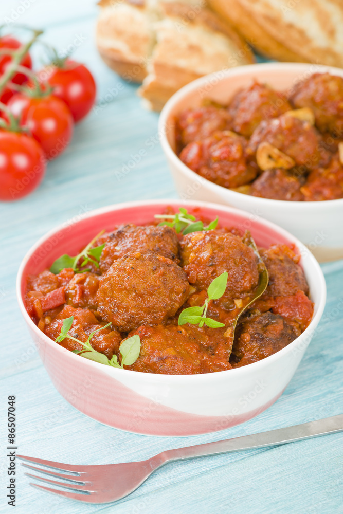 Albondigas Guisadas - Meatballs in tomato sauce with thyme leaves.
Albondigas Guisadas - Meatballs in tomato sauce with thyme leaves.