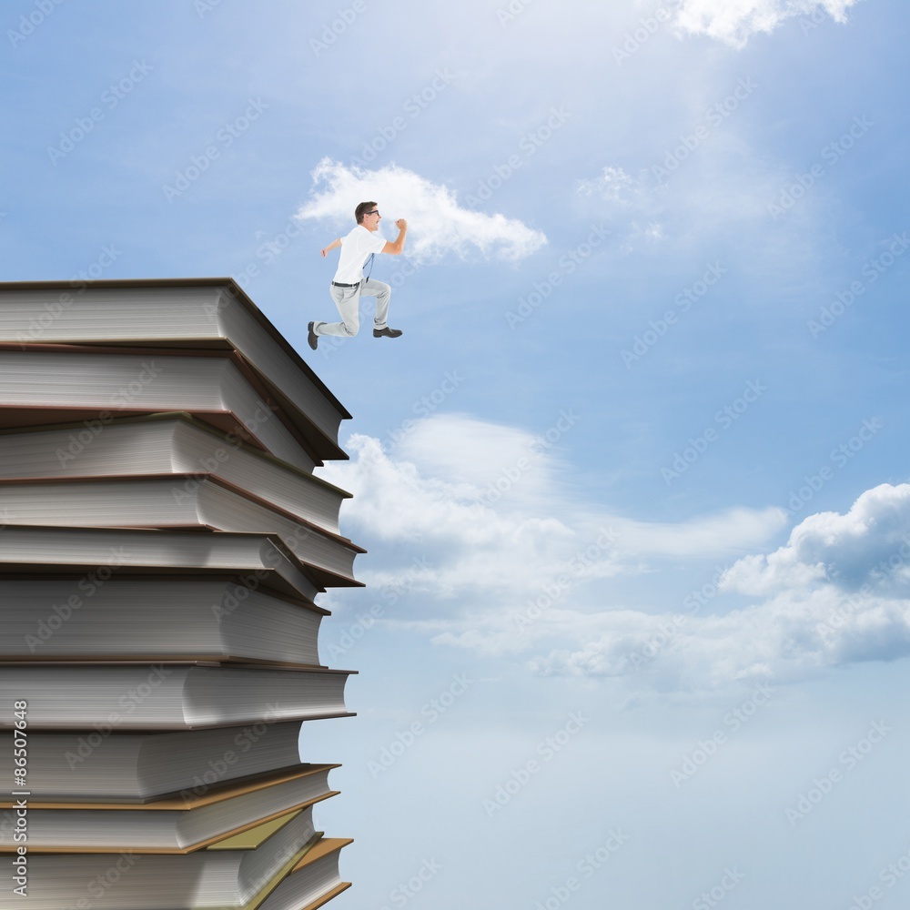 Composite image of geeky happy businessman running mid air Composite image of geeky happy businessman running mid air