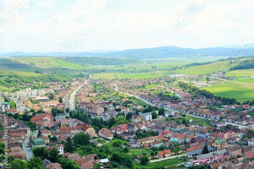 Panorama Rupea city in Transylvania, Romania . View from Rupea fortress.