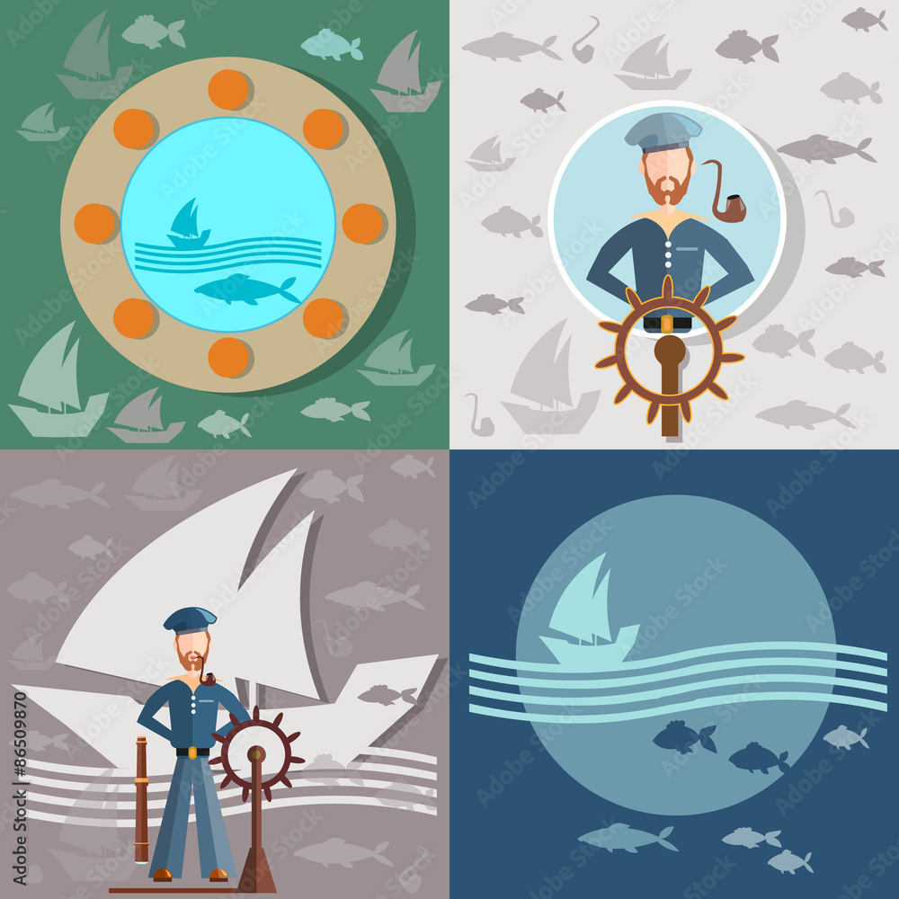 Fototapeta premium Old man and the sea, sailor, ships, fishing, vector