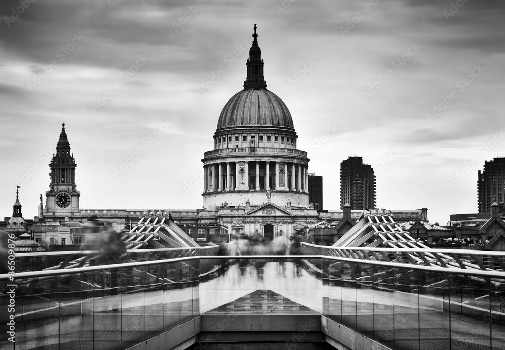 St Paul's Cathedral dome seen from Millenium Bridge in London, the UK.