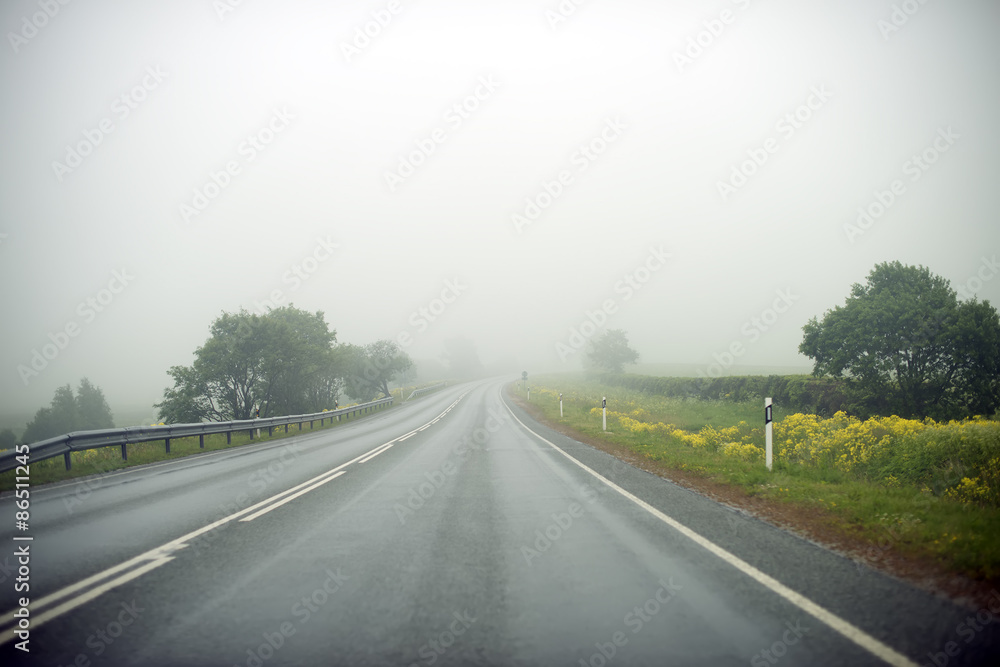 Empty foggy country road at summer.