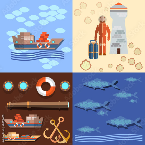 Industrial fishing in the oceans and seas, diver, vector 
