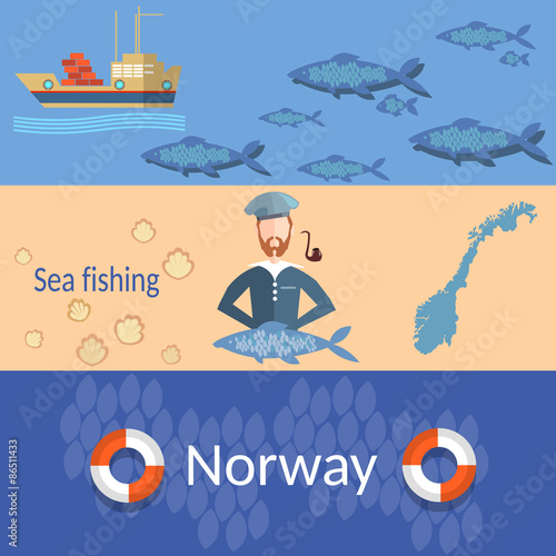 Travel Norway: sailors, ships, steering wheel, ocean, sea, vector 