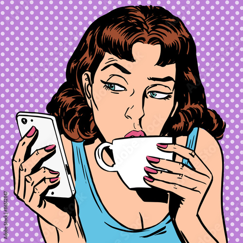Tuesday girl looks at smartphone drinking tea or coffee