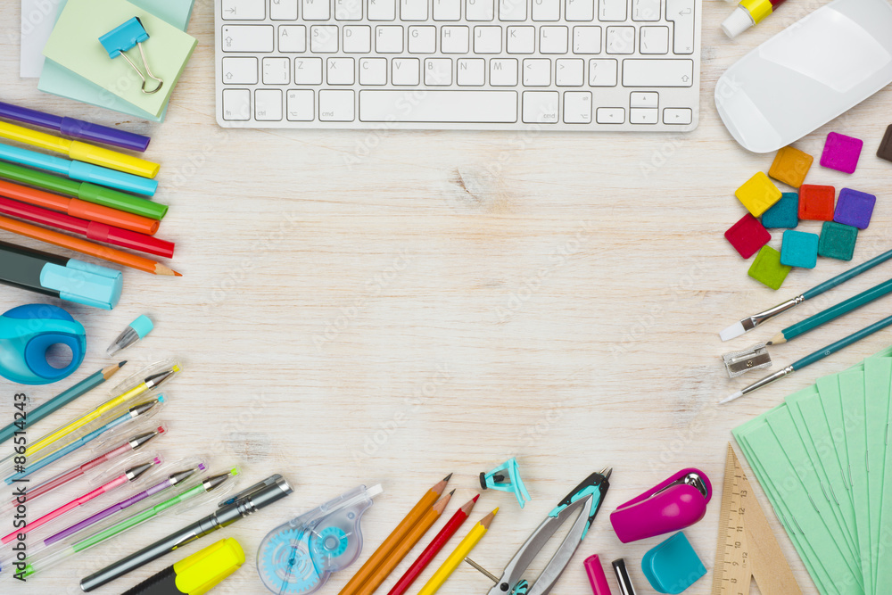 Various office supplies background with copy space in the middle Stock Photo Adobe Stock