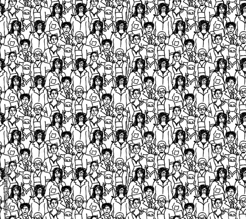 Crowd doctors seamless pattern black and white