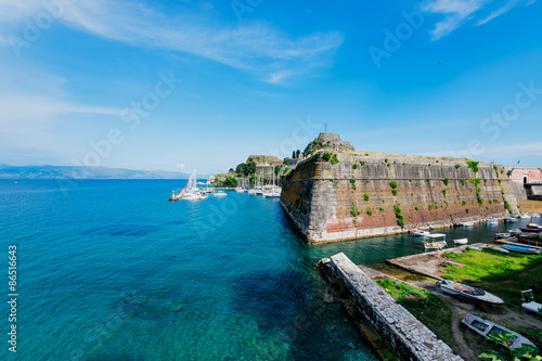 Panorama of marina view from The Old Harbor in Corfu island in Greece.