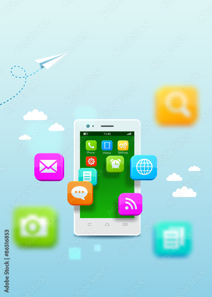 White smartphone with cloud of application colorful icons. Template design cover book, flyer, poster White smartphone with cloud of application colorful icons. Template design cover book, flyer, poster