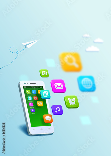White smartphone with cloud of application colorful icons. Template design cover book, flyer, poster