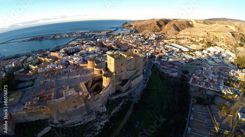 Moorish Castle and view over city buildings, Almeria, Costa Almeria, Almeria Province, Andalusia, Spain, Western Europe. Aerial photo