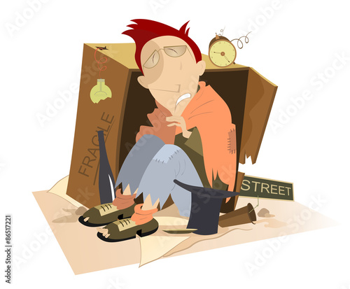Homeless, hungry and chilled man sits near cardboard box