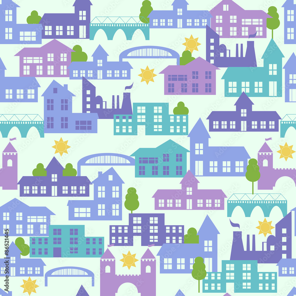 Seamless pattern with houses. Vector illustration