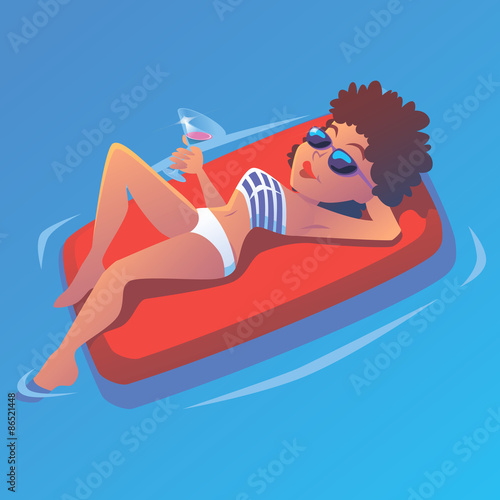 Girl in the pool on airbed with martini