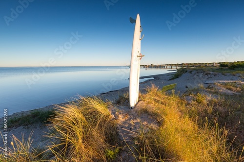 Surfing board pounded in sand on sea shore photo