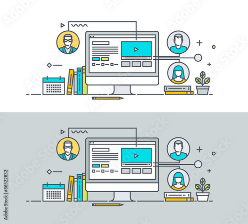 Thin line flat design concept on the theme of video tutorial, online training courses, communication, online education, conference call. Concept for website banners and promotional materials.