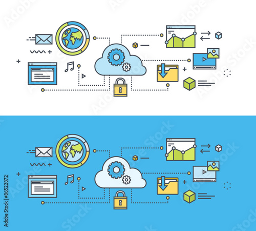 Thin line flat design concept on the theme of cloud computing. Concept for website banners and promotional materials.
