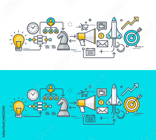 Thin line flat design concept on the theme of the business plan, from idea to realization. Concept for website banners and promotional materials.