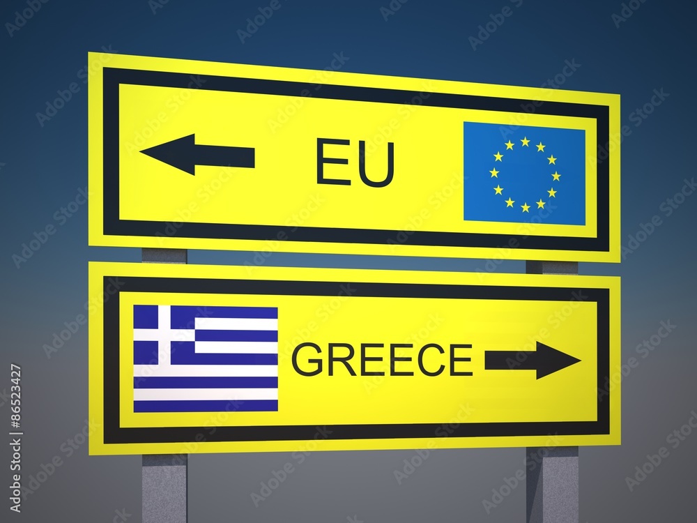 A road sign with EU and Greece directions on sky background A road sign with EU and Greece directions on sky background