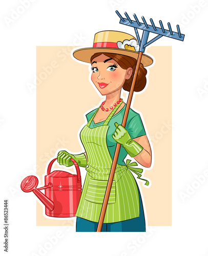 Gardener girl with rake and watering can. Eps10 vector