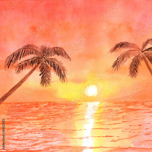 Sunset, palm and ocean