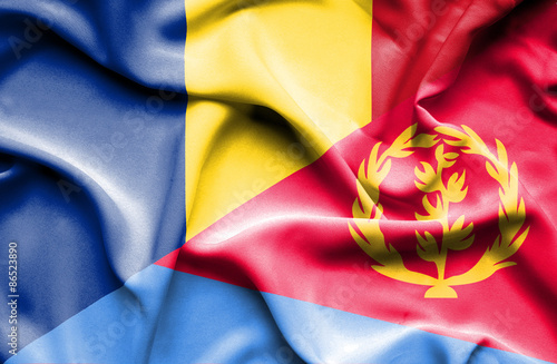 Waving flag of Eritrea and Romania