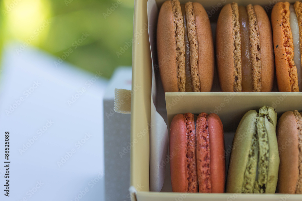 traditional french sweet dessert colorful delicious macarons in a rows in a box on wood background focus on red and green