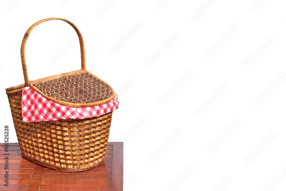 Picnic Basket On The Outdoor Wood Table Isolated Close-up