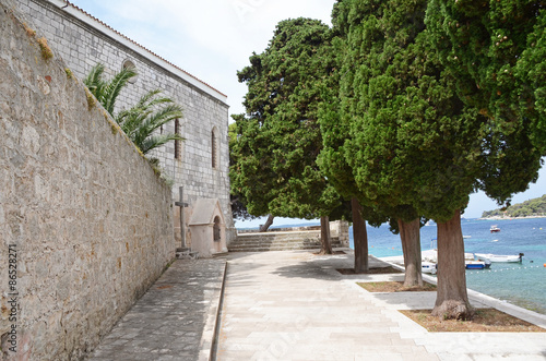 Walkway in a park by medieval Franciscan Monastery  Hvar  Croatia