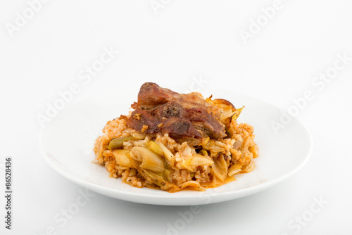Pork with leeks and rice.