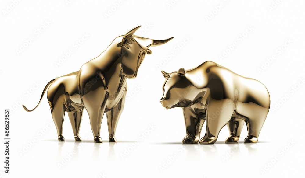 Bulle und Bär in Gold vor Weiß Stock-Illustration