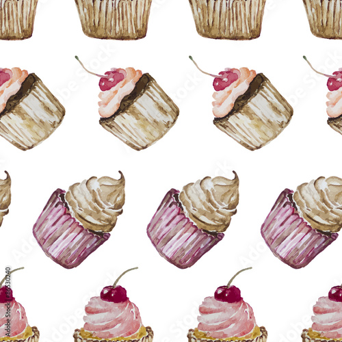 Seamless pattern with wattercolor cupcakes