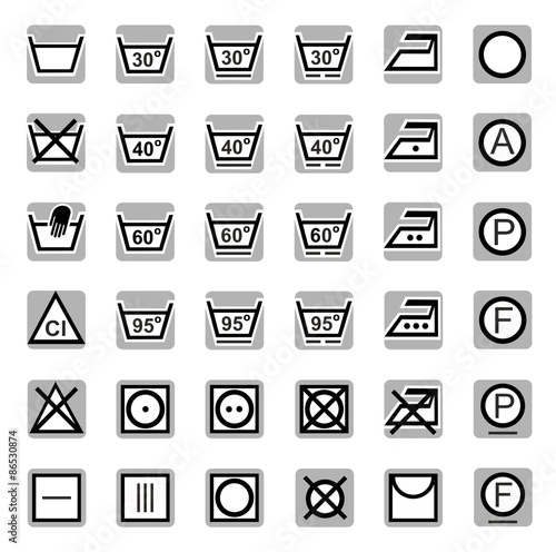 Icons, washing, bleaching, drying, Ironing, dry cleaning. 