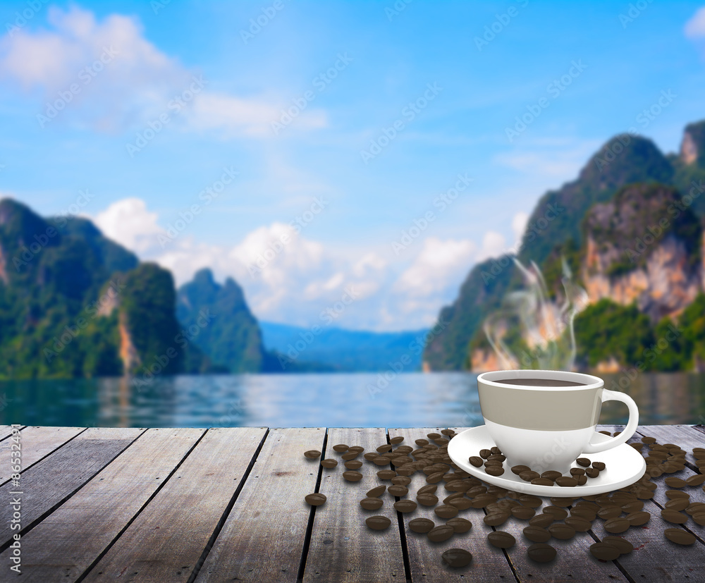 Cup with coffee on table over lake Cup with coffee on table over lake