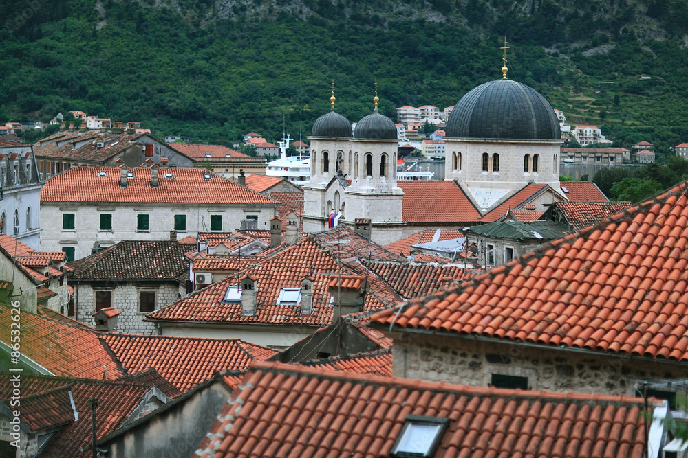 Obraz premium building red rooftops European town on the coast