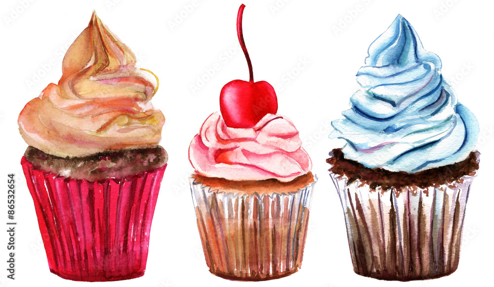A set of watercolor cupcakes on white background A set of watercolor cupcakes on white background
