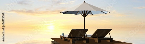Deck Chairs and umbrella in sunset on the beach © Riko Best