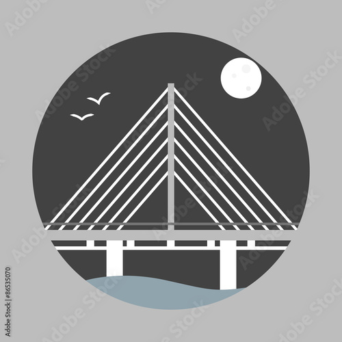 Water bridge flat icon with birds and moon
