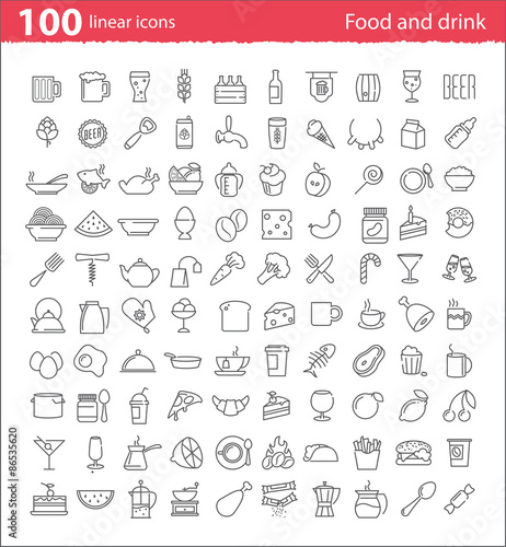 One hundred thin line food and drink icons