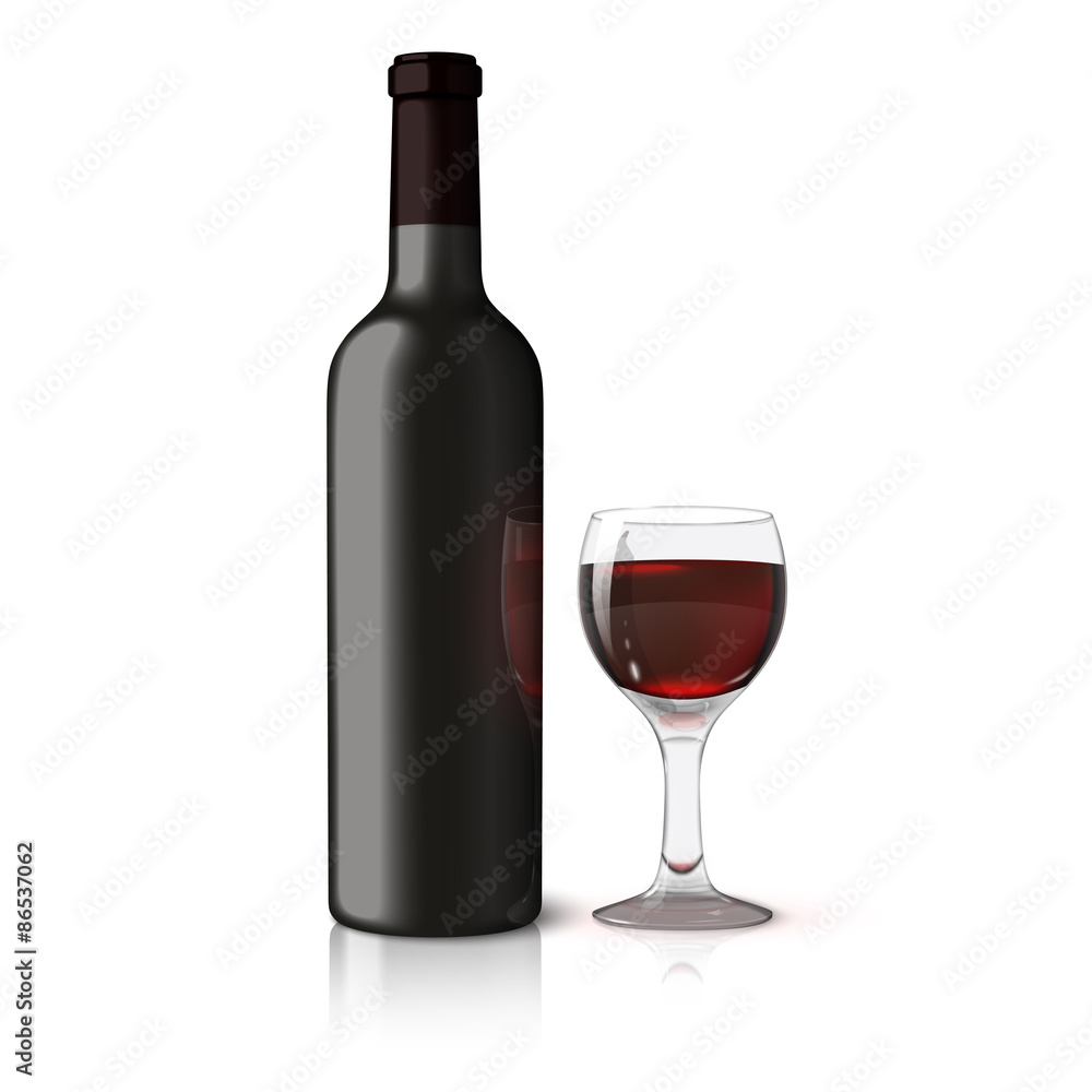 Blank black realistic bottle for red wine with glass isolated on Blank black realistic bottle for red wine with glass isolated on