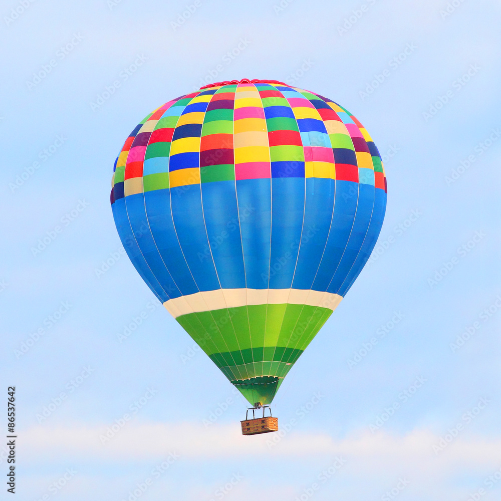 Naklejka premium Colorful hot air balloon on the sky. Digital artwork of fictional vehicle on aviation theme.
