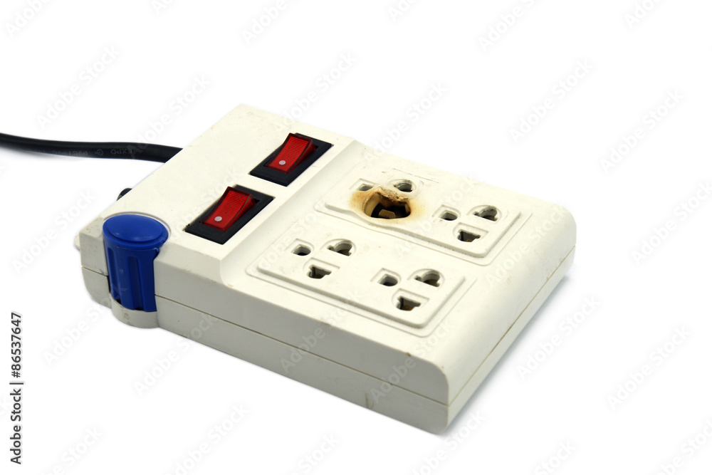 Dirty melted and burned electric outlet plug on white background Dirty melted and burned electric outlet plug on white background